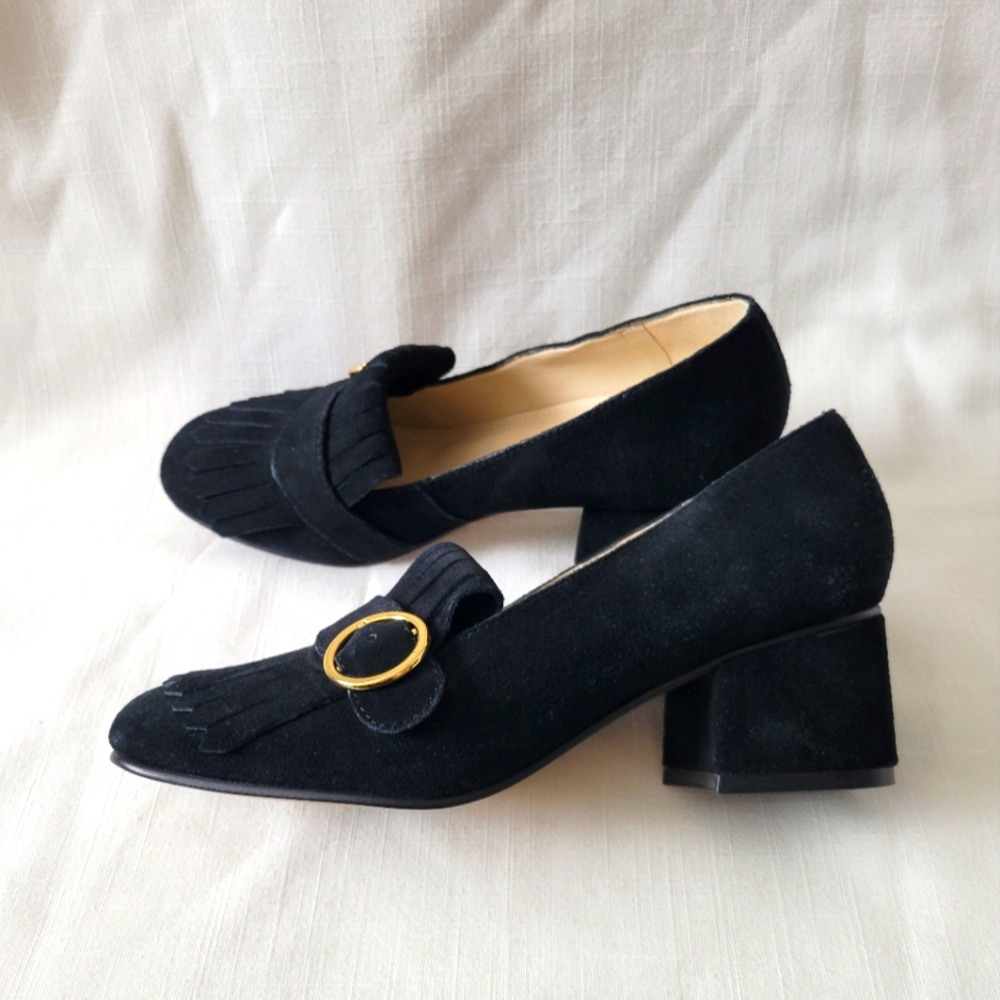 Mark Fisher Black Suede Block Heel & Fringe Loafer size 6 - Picture 10 of 15